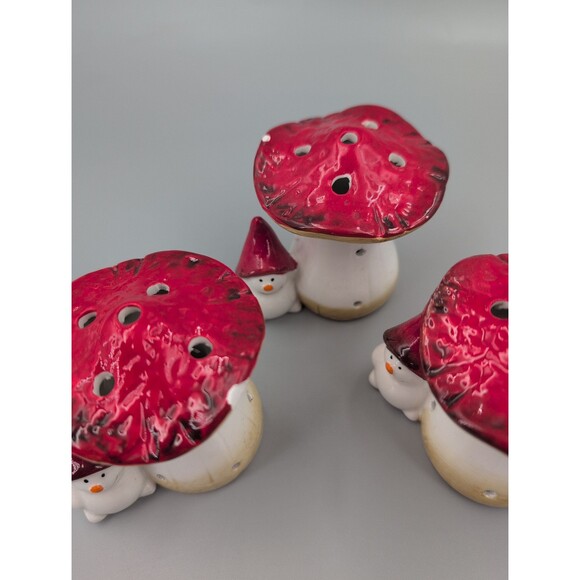 3 mushroom gnome snowman ceramic Christmas decor figurines - Picture 3 of 5